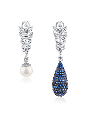 Asymmetric bicolor pearl dangle earrings