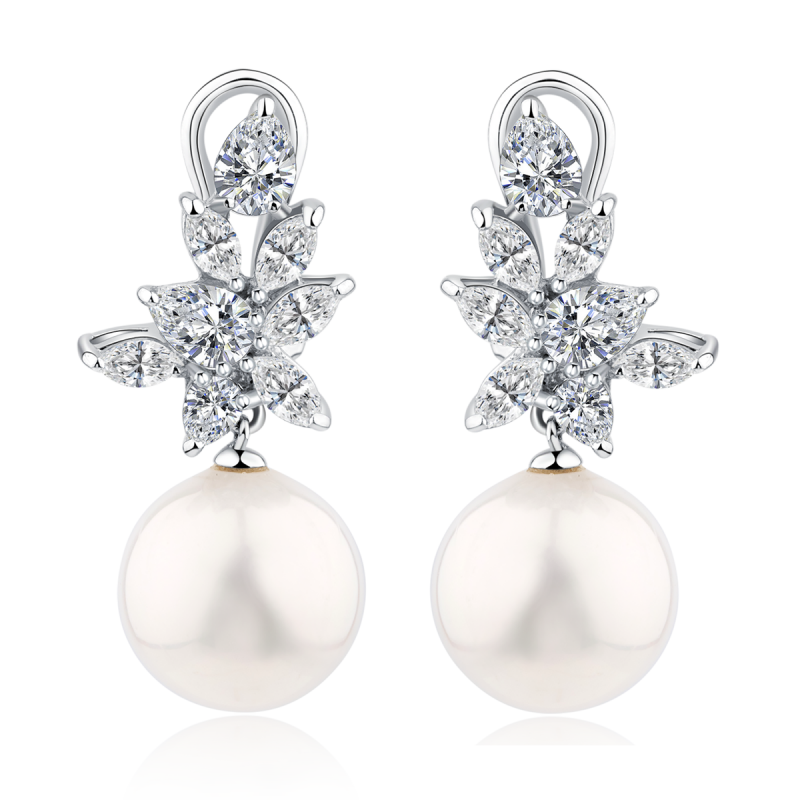 White corundum snowflake and pearl drop earrings